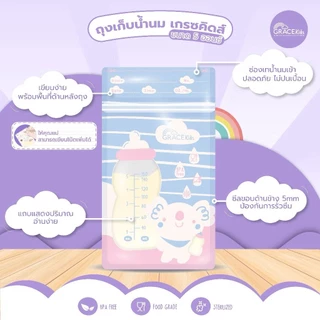 Gracekids ถุงเก็บน้ำนมแม่ ถุงหนา ลดกลิ่นหืน ขนาด 5oz ซิปล็อค 2 ชั้น ไม่รั่วไม่แตก 3ลายในกล่องเดียว