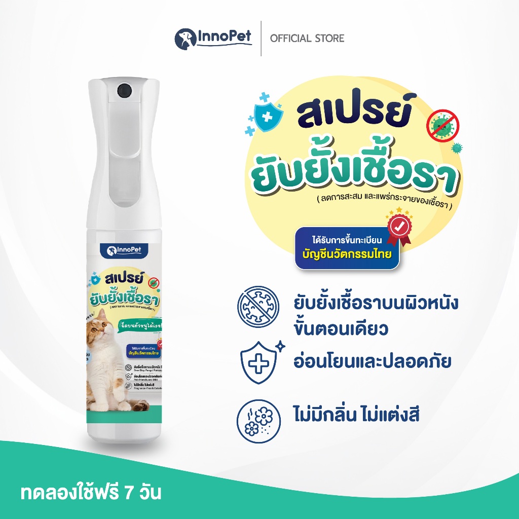 InnoPet สเปรย์ยับยั้งเชื้อรา น้องแมว กำจัดเชื้อราในขั้นตอนเดียว ลดคัน ลดขนร่วง อ่อนโยน ปลอดภัย ไม่แต่งสี ไม่แต่งกลิ่น