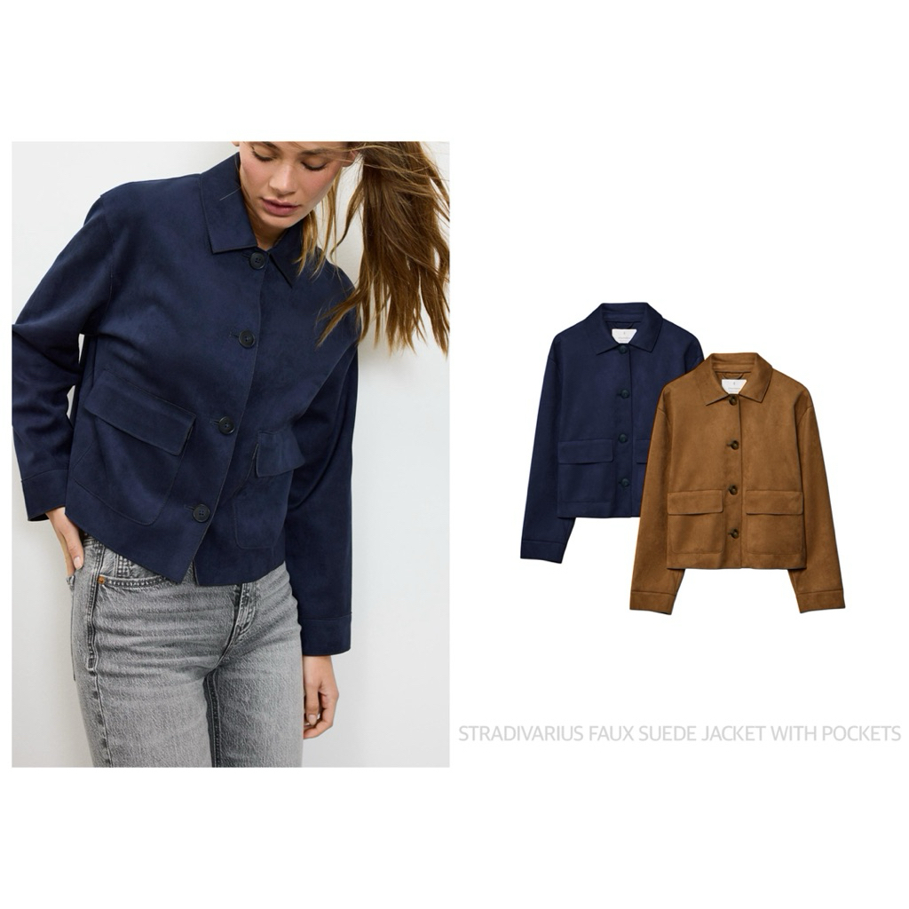 STRADIVARIUS เสื้อแจ็คเก็ตหนังกลับ คอปก แขนยาว FAUX SUEDE JACKET WITH POCKETS (B03)
