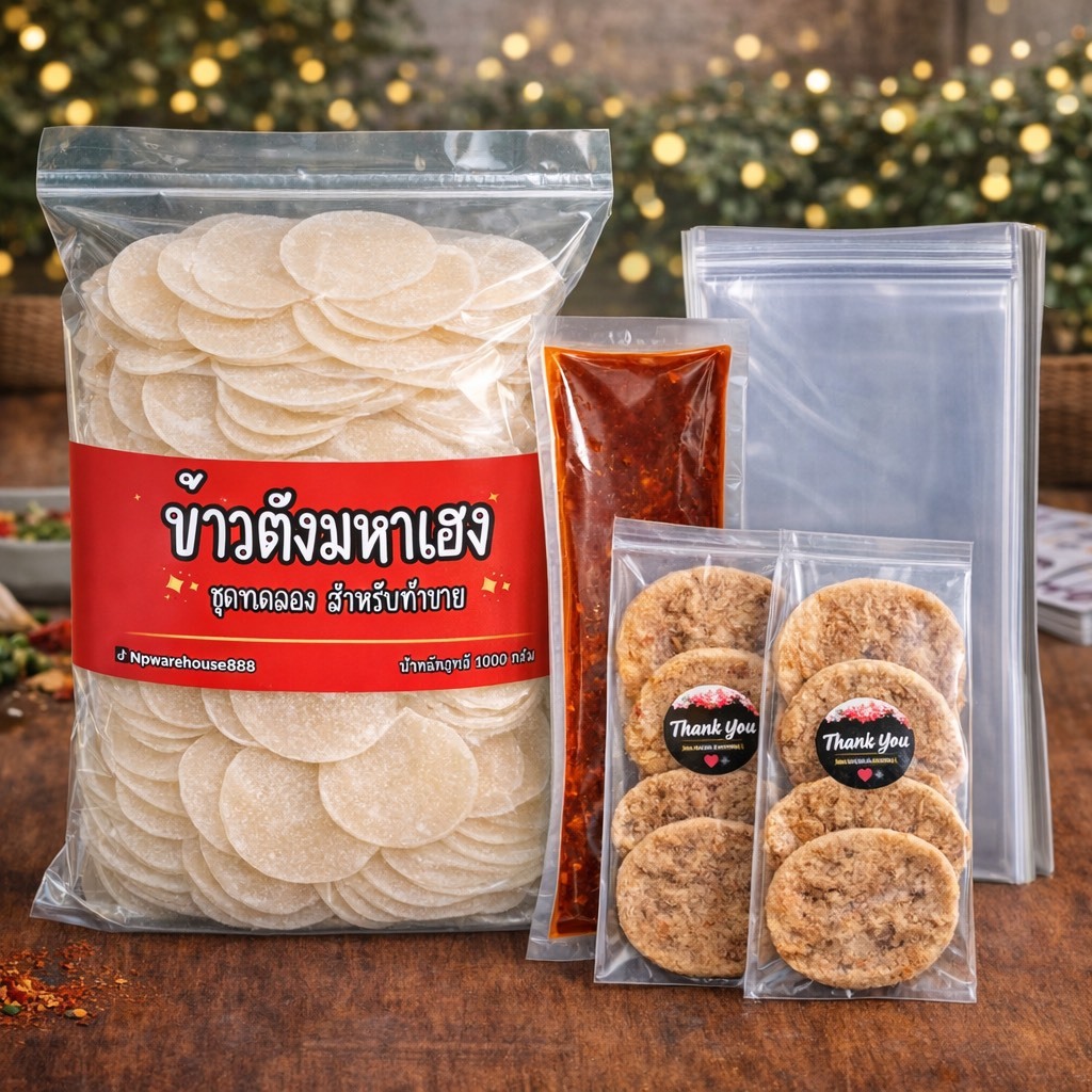 ชุดทดลองข้าวตังแผ่นดิบ พร้อมน้ำราด+ถุงแพ็ค