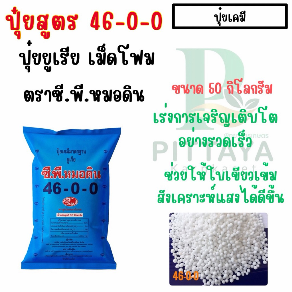 ปุ๋ยยูเรีย 46-0-0 ตรา ซี.พี.หมอดิน ขนาด 50 กิโลกรัม  เร่งต้น ใบ ( จำกัดสั่งออเดอร์ละ 1 กระสอบ นะคะ )