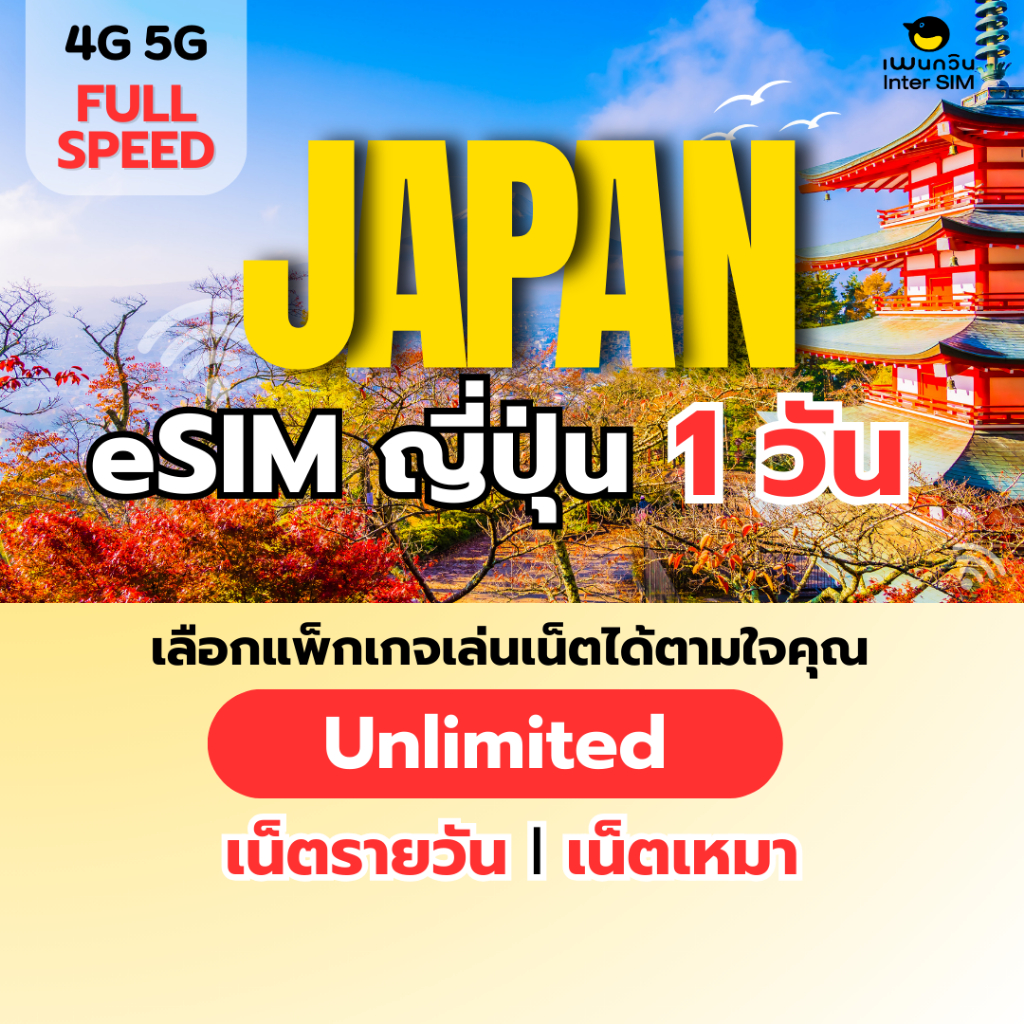 (ทักแชท ก่อนสั่งซื้อ) eSIM Japan 5G/4G อีซิม ญี่ปุ่น เน็ตไม่จำกัด เน็ตรายวัน เน็ตเหมา เลือกได้ 1 วัน