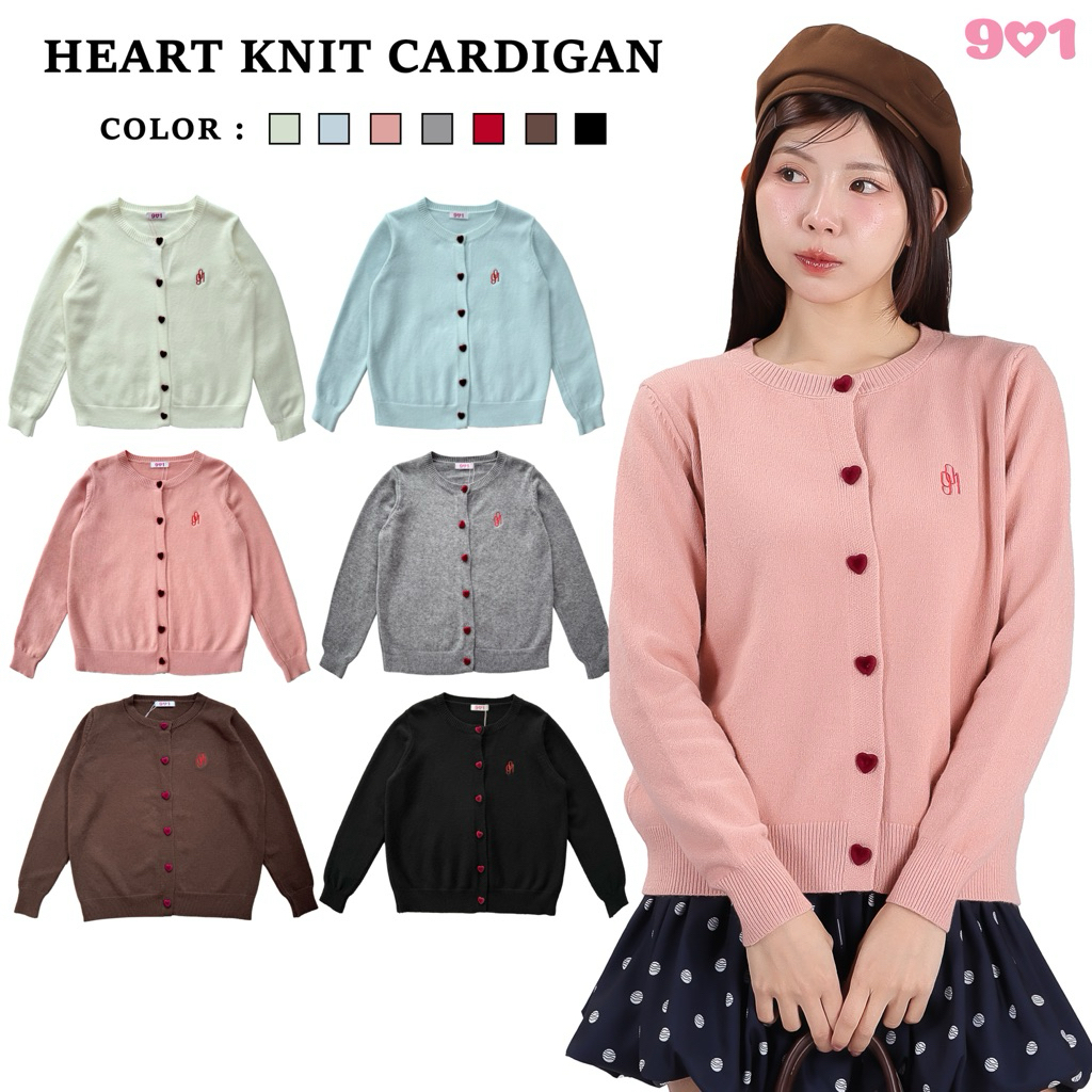 “รุ่นขายดี” 901 Car-01: Heart knit cardigan คาร์ดิแกน ไหมพรม กระดุมหัวใจสีแดง คาดิแกน