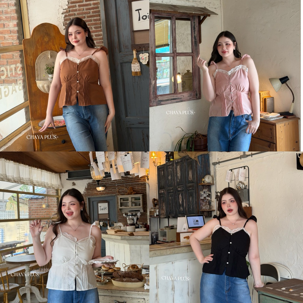 Chaya plus เสื้อสายเดี่ยวแขนระบายแต่งลูกไม้ งานกระดุมใช้งานได้จริง