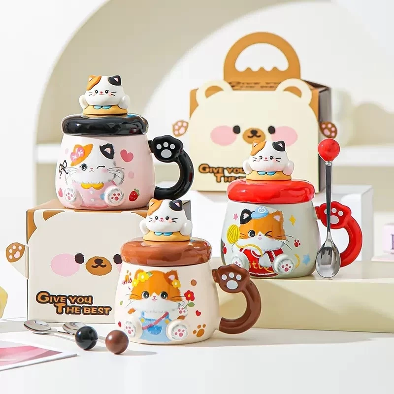 แก้วเซรามิค แก้วแมวน่ารัก พร้อมฝาปิด คู่แก้วกาแฟ มูลค่าสูง ของขวัญวันเกิด สําหรับสาวๆ