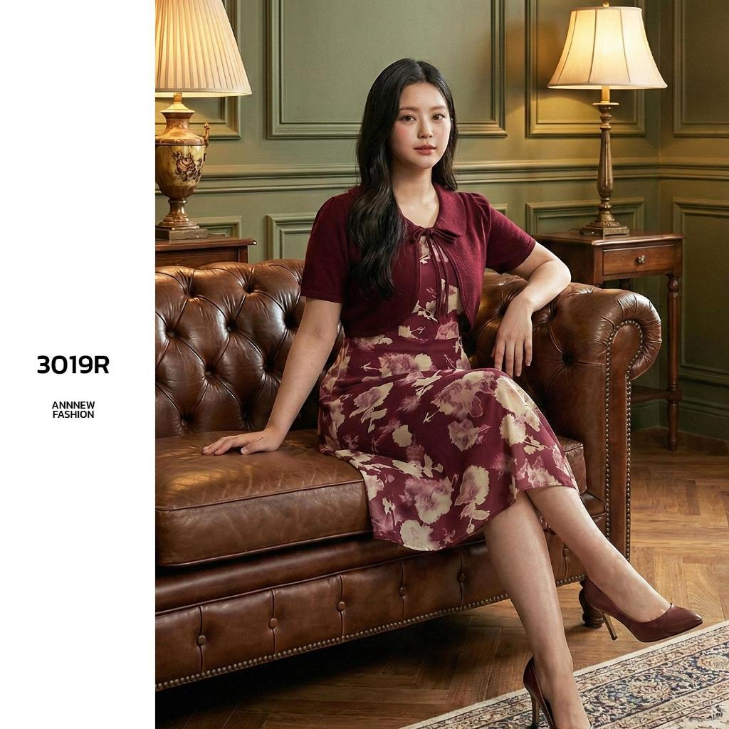 ANNNEW เดรสผ้าไหมอิตาลี่แต่งกั๊กคอบัวผูกโบว์ 3019R