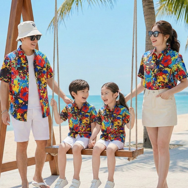 NEWเสื้อฮาวาย ลายดอกสะบัดสี  ผ้าโพลีเอสเตอร์ มีให้เลือกทั้งไซส์เด็ก-ผู้ใหญ่