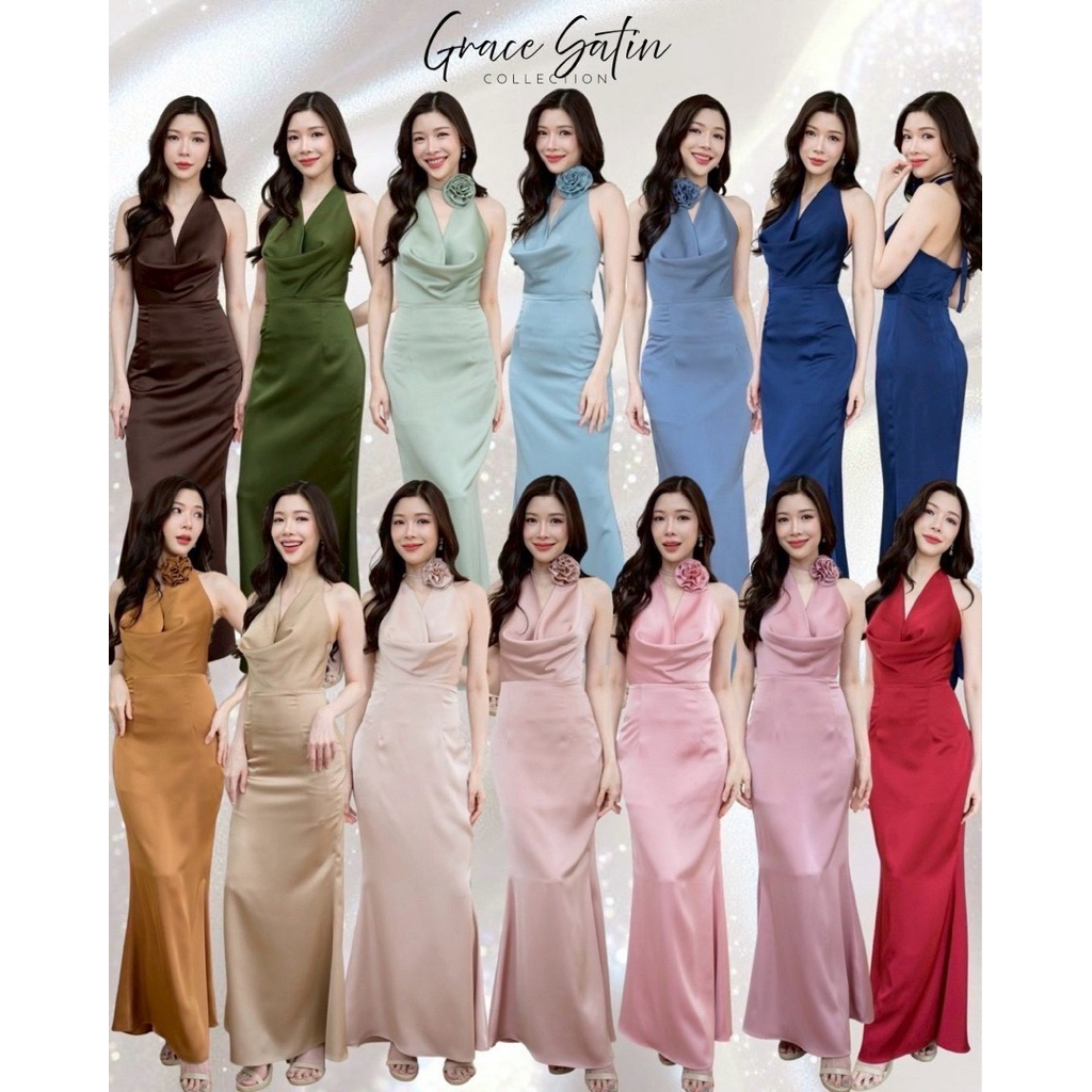 ชุดเดรส ชุดออกงาน ชุดราตรี F311 เดรสยาว ผูกคอ มีดอกไม้