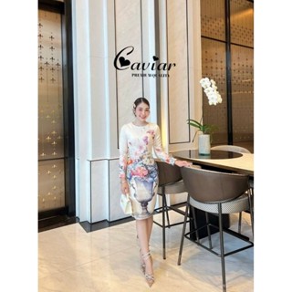 Caviar​ꔛ ꕤ ˚เดรสงานป้าย ลายคมชัดมีซับใน ซิปหลัง มีเข็มขัดให้…