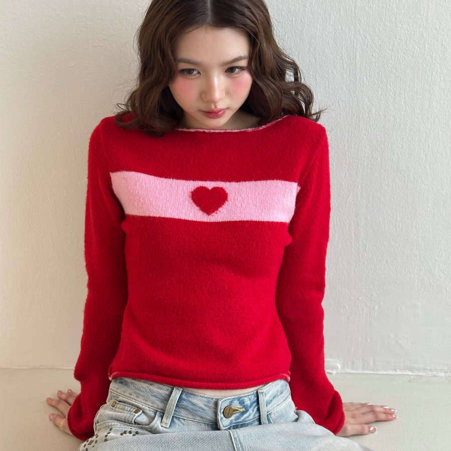 HEARTEYES - LONG SLEEVE TOP - CHERRI | เสื้อแขนยาว กันหนาว ผ้านิท ไหมพรม สีแดง