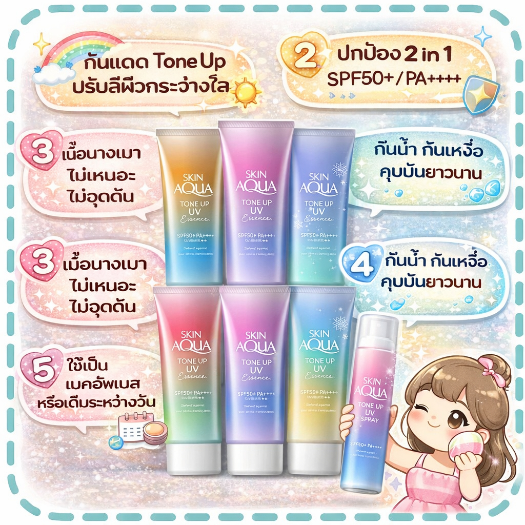 Rohto Skin Aqua Tone Up UV Essence SPF50+PA++++ 80g.กันแดดกึ่งเมคอัพเบส  ปรับสีผิว