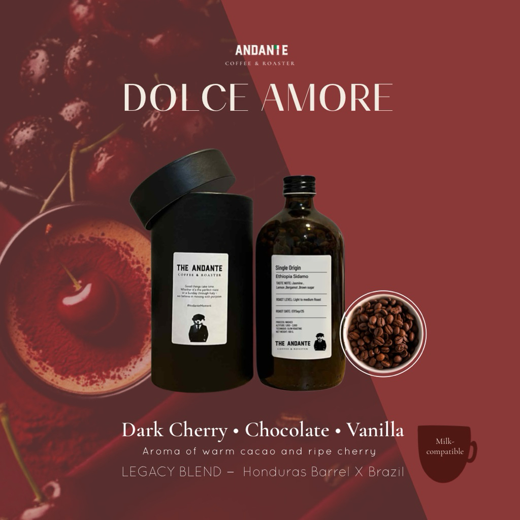 The Andante ชุดของขวัญ 180 กรัม Dolce Amore Blend gift box เมล็ดกาแฟคั่วกลาง เบลนด์พรีเมียม บ่มถังวิสกี้ หอมหวานพิเศษ