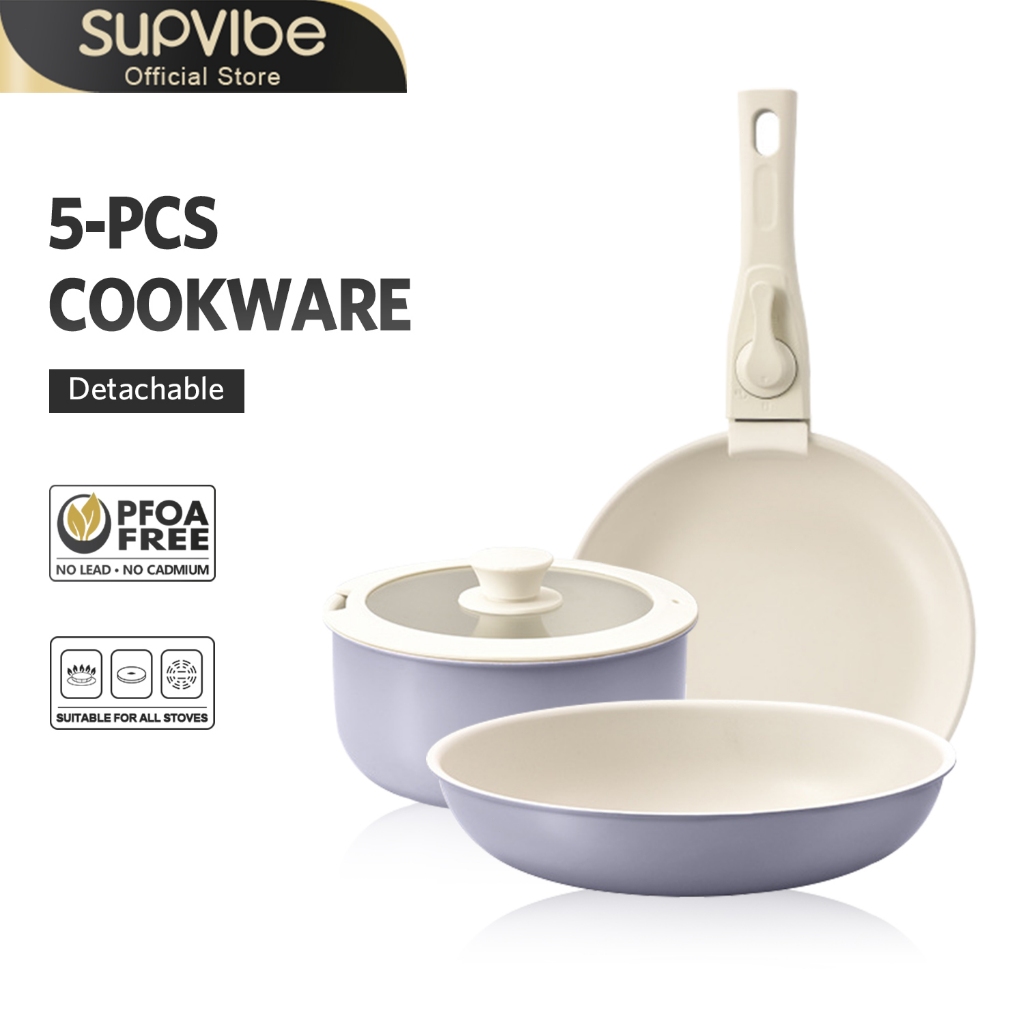 SUPVIBE ชุดเครื่องครัวเซรามิค ชุดหม้อกระทะ 5 ชิ้น  ทำอาหารไม่ติด หม้อด้ามที่ถอดออกได้ เหมาะกับเตาทุกประเภท