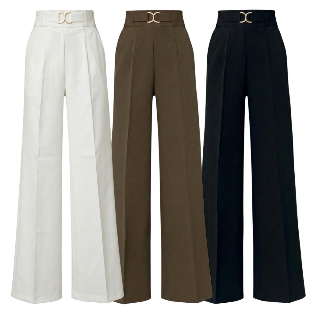 WALK-IN CLOSET กางเกงเอวสูงทรงกระบอก Women รุ่น BN022 แต่งอะไหล่ สีพื้น ไซส์ S-XXL