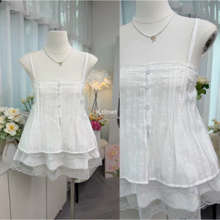 เสื้อสายเดี่ยว ผ้าโรซี่พิมพ์ลายแต่งลูกไม้ โทนหวานละมุนมาก Melina Lace Top