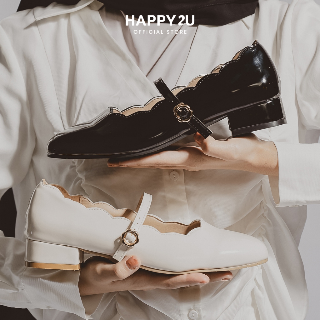HAPPY2U Scallop Flower Mary Jane  รองเท้าแมรี่เจนมีส้นสูง 3 ซม. พื้นนุ่ม ใส่สบาย