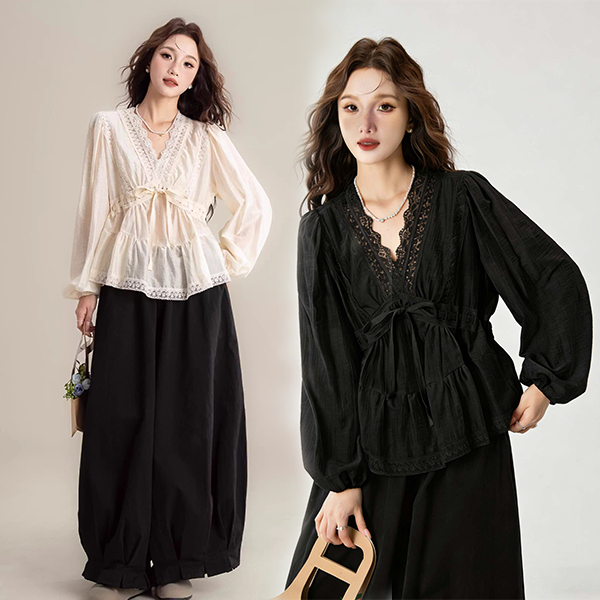 Red Berry เสื้อเบลาส์ผ้าลูกไม้เทนเซลสำหรับผู้หญิง สไตล์ฝรั่งเศส แขนยาว คอวี มีสายผูกเอว 99299