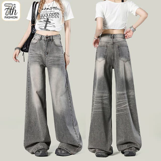 S-5XL【Vintage Classic】ไซส์ใหญ่ กางเกงยีนส์ผู้หญิงทรงตรงสีเทา - ใส่สบาย ใส่ได้ทุกวัน มีครบทุกขนาด