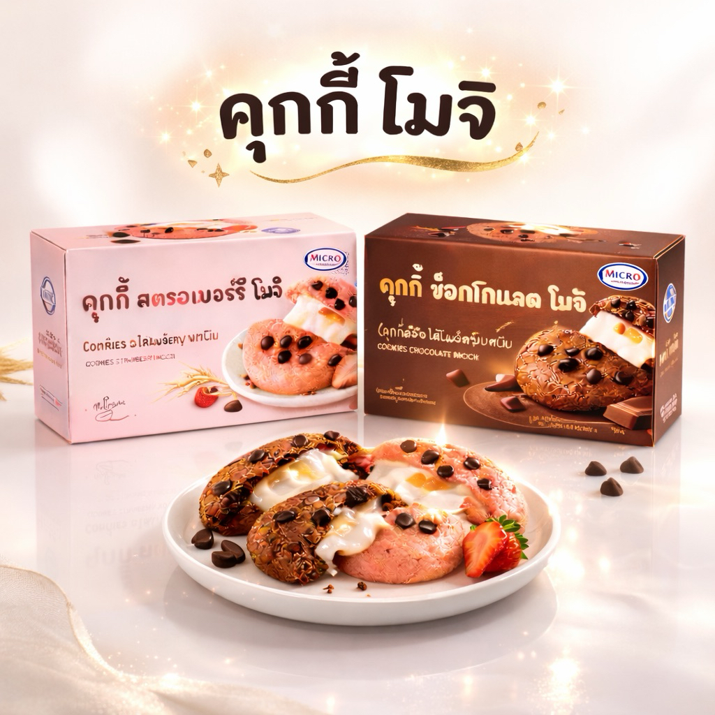 คุกกี้ไส้โมจิ  แป้งนุ่มยืด ตราไมโครอินเตอร์ฟู้ด 1 กล่อง มี 12 ชิ้น