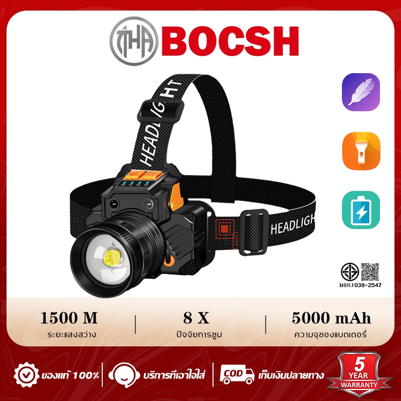 【รับประกัน 5 ปี】ไฟฉายคาดหัว（ปรับไฟได้ 3 ระดับ กำลังไฟสูงLED กันน้ำ ใช้งานต่อเนื่อง10 ชม）ไฟคาดหัวแ USB head torch