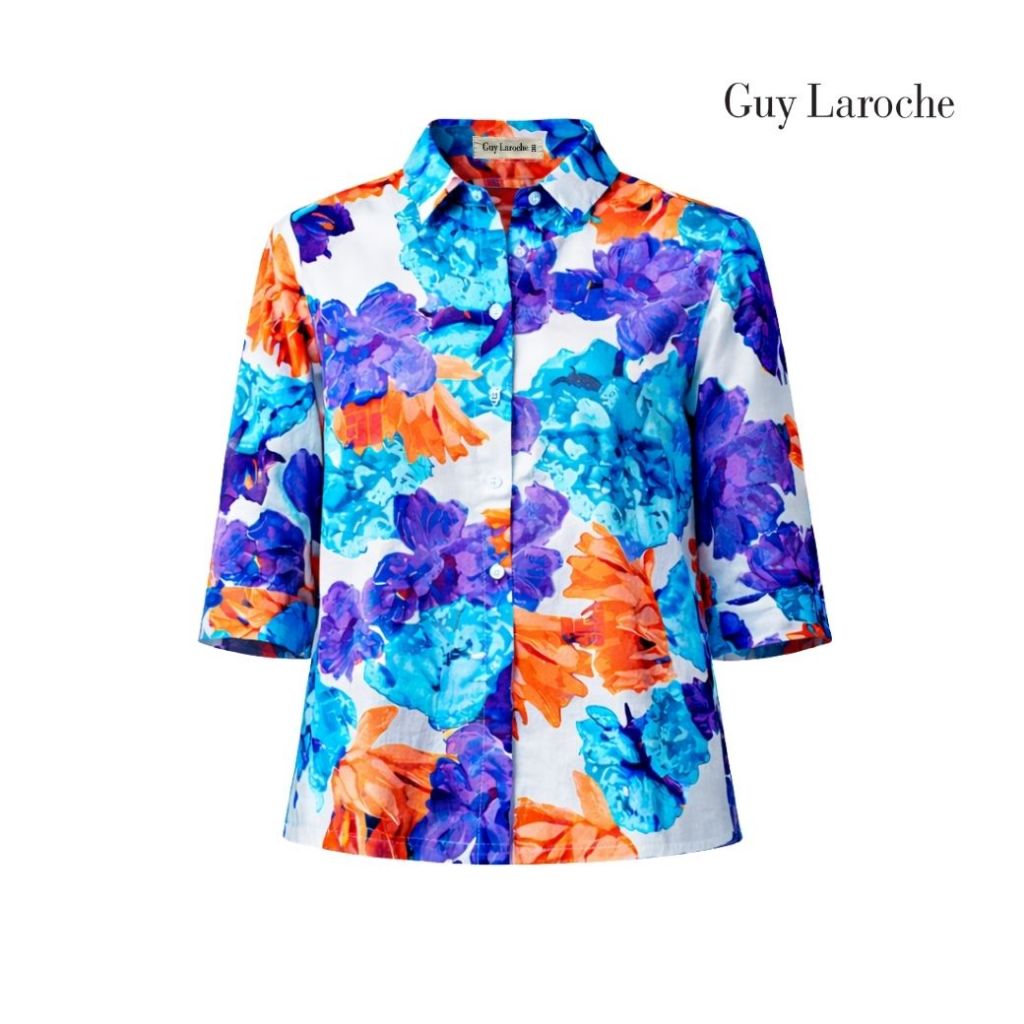 Guy laroche เสื้อเชิ้ตผู้หญิง วินเทจ บลูม แขนสามส่วน สีน้ำเงิน GC9ZBU