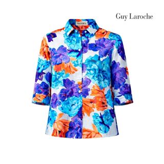 Guy laroche เสื้อเชิ้ตผู้หญิง วินเทจ บลูม แขนสามส่วน สีน้ำเง…