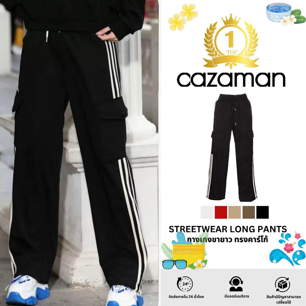 CAZAMAN กางเกงวอร์ม กระเป๋าข้าง คาร์โก้ เนื้อผ้าวอร์ม ขายาวเอวสูงทรงกระบอก แต่งแถบ 386