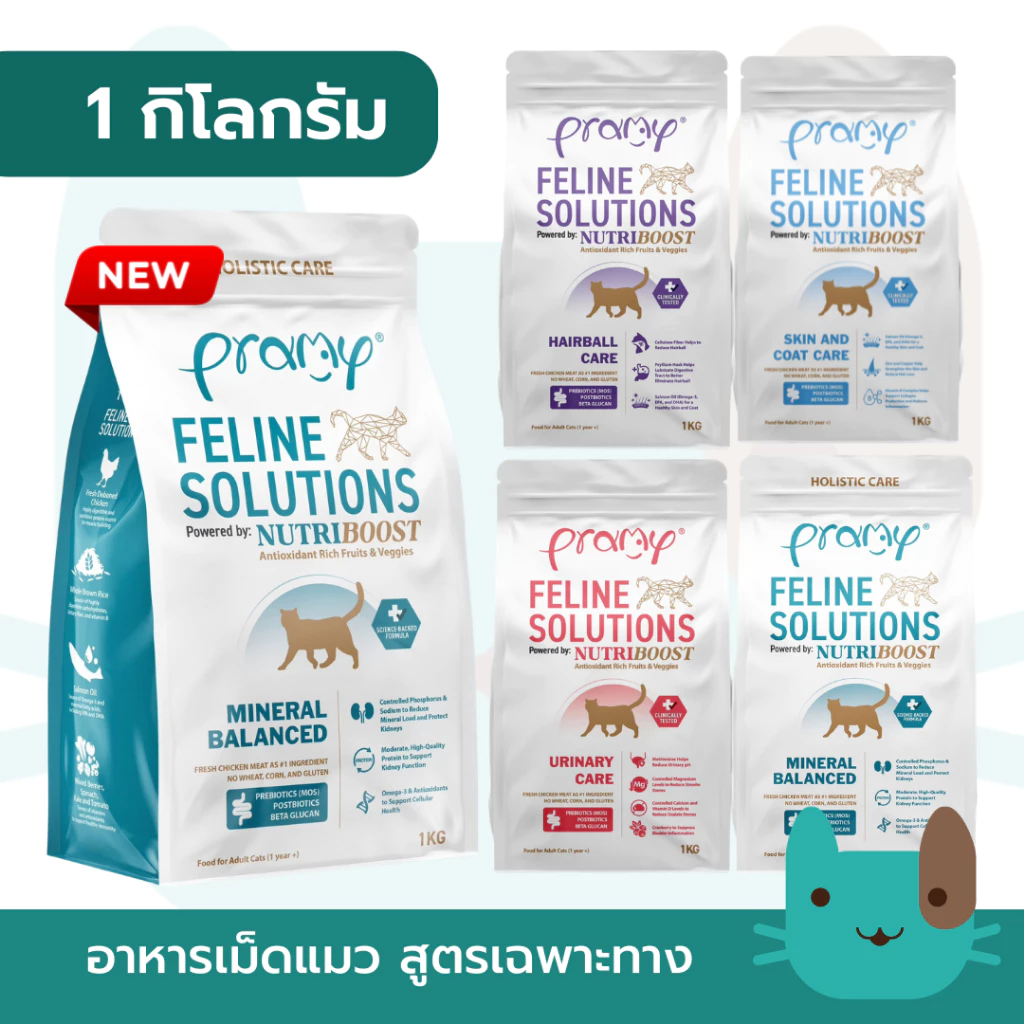 Pramy Feline Solutions 1kg อาหารแมวสูตรเฉพาะทาง พัฒนาโดยสัตวแพทย์ ตอบโจทย์น้องแมวที่มีปัญหาสุขภาพ