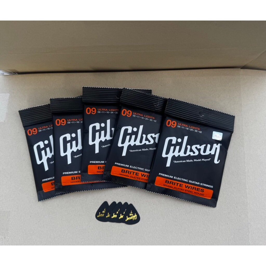 เซ็ต5ชุด สายกีตาร์ไฟฟ้าGibson ชุดเบอร์9/42 ครบชุด6เส้นสายกีตาร์ไฟฟ้าคุณภาพดีมาตรฐานยอดนิยมแถมฟรีปิ๊ก5ชิ้นพร้อมส่งจากไทย