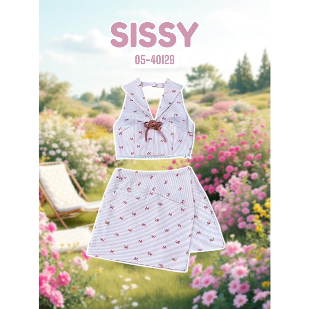 SS 05-40129  เซท 2 ชิ้น เสื้อคล้องคอแต่งคอปก สายคล้องคอ ช่วงอกเสริมฟองน้ำ ด้านหลังโบว์ลูกไม้สีขาว ซิปข้าง มาพร้อมกระโปรง – โปรปัง