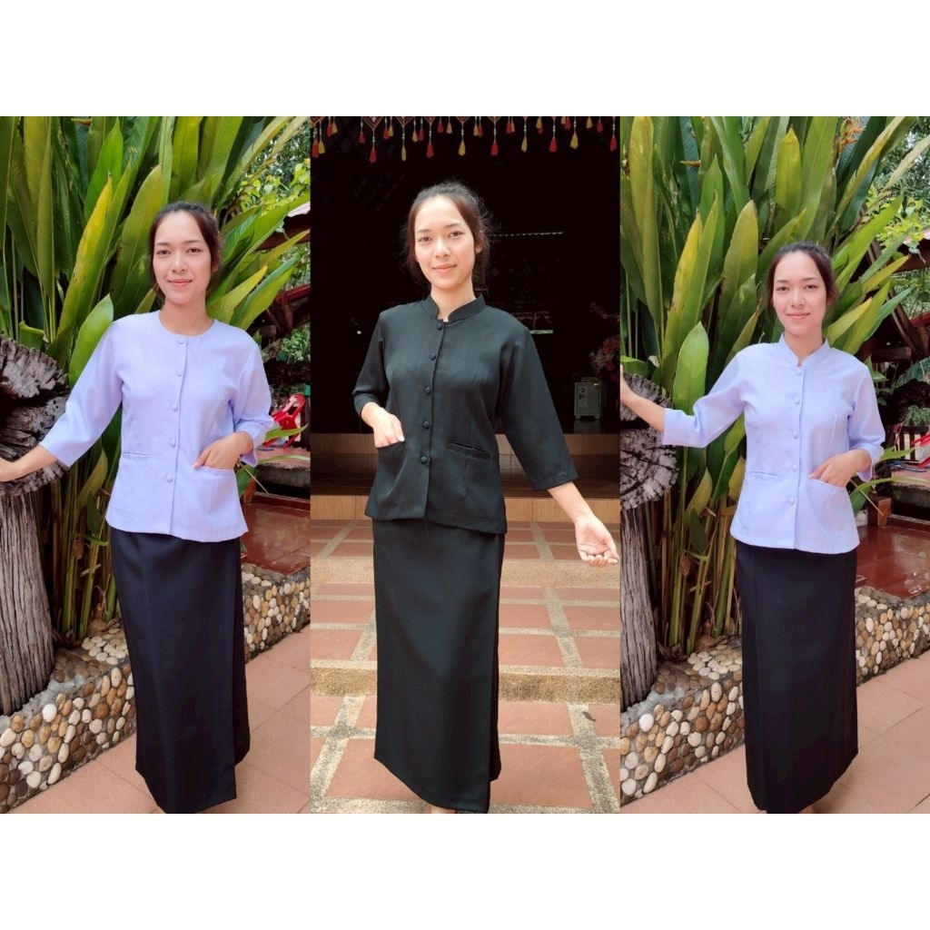ชุดดำคอจีนแขนสี่ส่วน ชุดเสื้อขาวผ้าถุงดำ คอกลมและคอจีน ผ้าโซล่อน