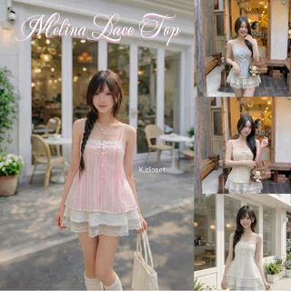 เสื้อสายเดี่ยว ผ้าโรซี่พิมพ์ลายแต่งลูกไม้ โทนหวานละมุนมาก Melina Lace Top