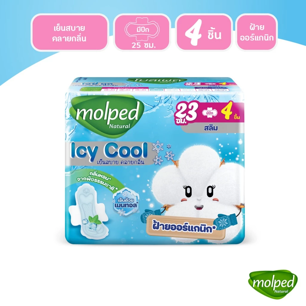 Molped โมลเพด ไอซี่คูล สลิม ผ้าอนามัยสูตรเย็น สำหรับกลางวัน แบบมีปีก 23 ซม. จำนวน 4 ชิ้น