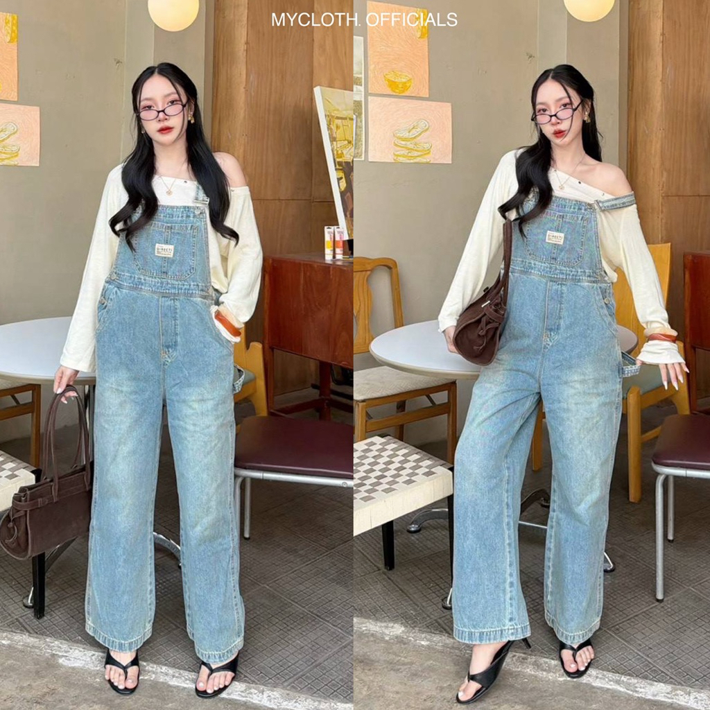 mycloth.officials (559) - เอี๊ยมยีนส์ขายาวทรงกระบอกคาร์โก้ สียีนส์อ่อนฟอก+เฟด งานคาร์โก้มีสายเบลล์ด้านข้าง