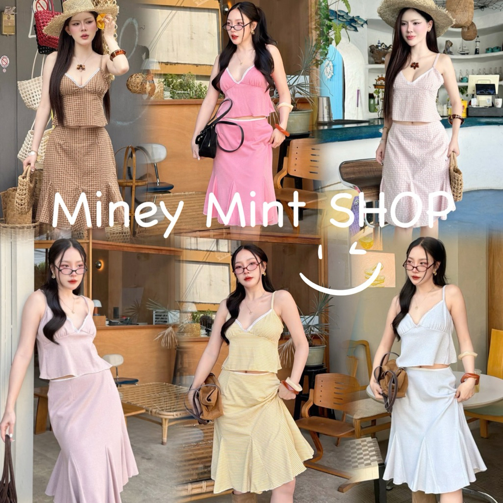 miniminey💕 ชุดเซต2ชิ้น สายเดี่ยวผูกหลัง+กระโปรงซิปมีซับในทั้งตัว งานฟรีไซส์💕