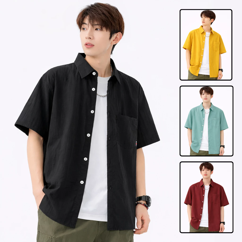 เสื้อเชิ้ตแขนสั้นผู้ชาย Oversize ใส่คลุมได้ เสื้อเชิ้ตเกาหลี ดำ/กรม/เทา/แดง/ขาว/ส้ม/เหลือง ใส่สบาย