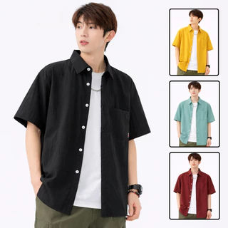 เสื้อเชิ้ตแขนสั้นผู้ชาย Oversize ใส่คลุมได้ เสื้อเชิ้ตเกาหลี ดำ/กรม/เทา/แดง/ขาว/ส้ม/เหลือง ใส่สบาย