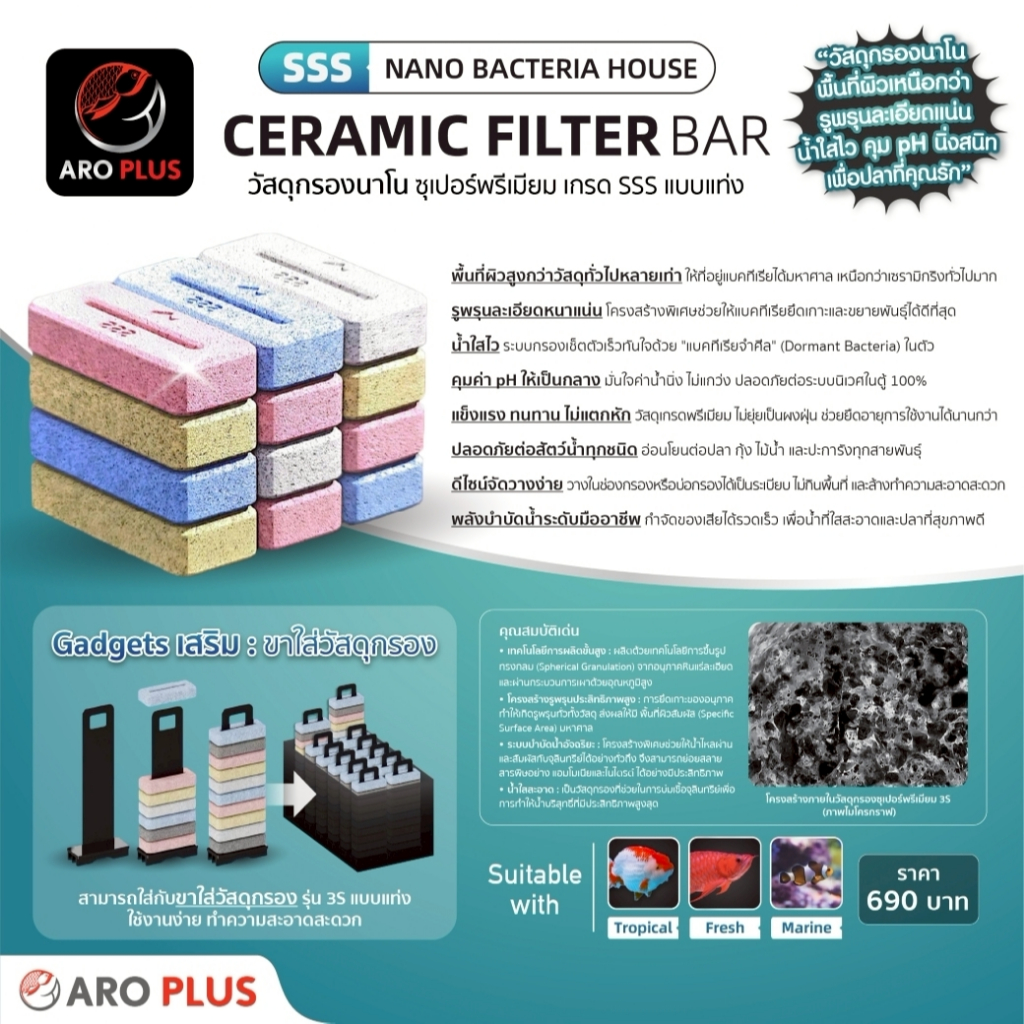 วัสดุกรองตู้ปลานาโน Ceramic Filter Bar เกรด3S รูพรุนสูง 8เท่า รูพรุนละเอียดแน่น ค่าpHคงที่ จัดวางง่ายช่วยให้น้ำใสสะอาด