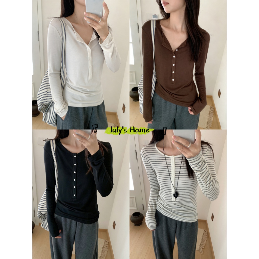 เสื้อยืด เสื้อยืดแขนยาว ใส่สบาย สไตล์ลำลอง อกมีกระดุม ใส่กับอะไรก็เริ่ด#J2420