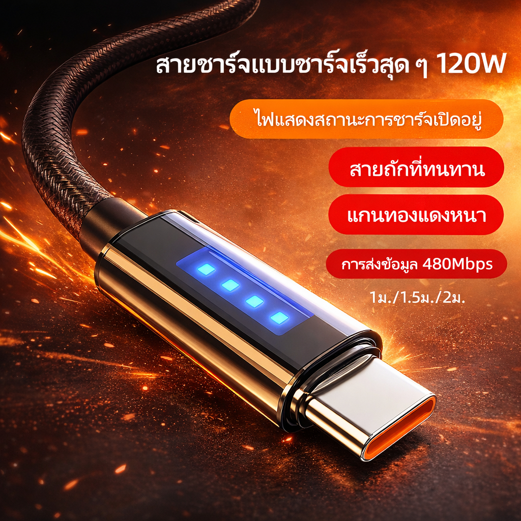 สายชาร์จเร็ว USB-C 120W ไฟ LED สายถัก แข็งแรง ใช้กับอุปกรณ์พอร์ต Type-C IOS ความยาว 1-2 เมตร