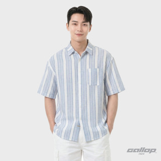 GALLOP : Striped Cotton Linen Casual Shirt เสื้อเชิ้ต ผ้าคอต…