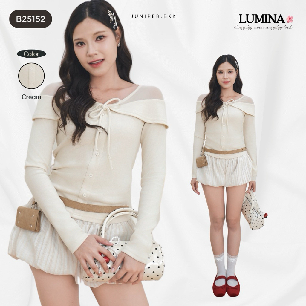 เสื้อเปิดไหล่ แขนยาว ผูกโบว์หน้า Off Shoulder Top ลุคเกาหลี ผ้านุ่ม มีซิปหลัง | รุ่น Lumina Top B251