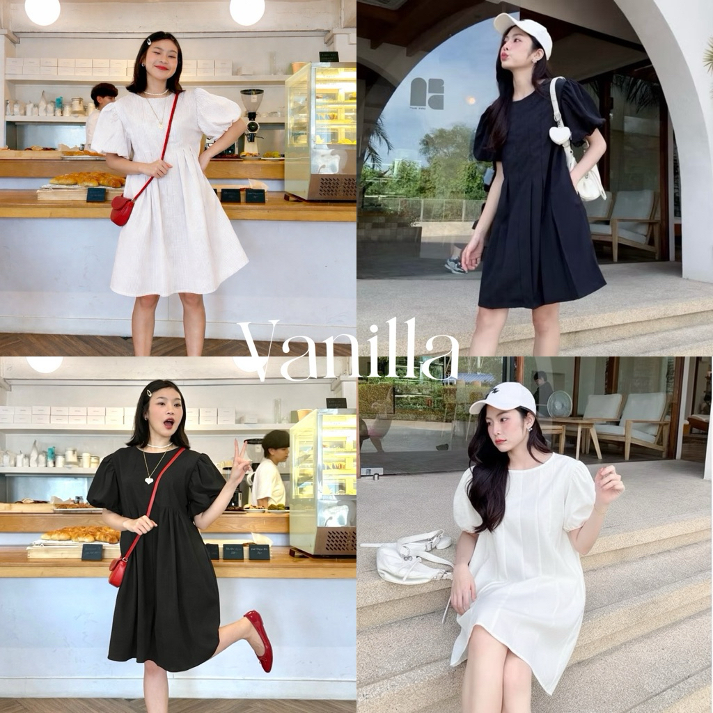 เดรสสั้นแขนตุ๊กตา Vanilla Dress☀️🏝️ ทรงบอลลูน รุ่นสีพื้น สาวอวบก็ใส่ได้น้า