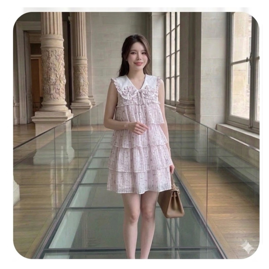 #by2a เดรสผ้าปักลายโบว์ งานฟรีไซด์มีซับใน ซิปหลัง