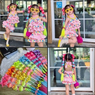 ชุดลายดอก ชุดสงกรานต์เด็ก ระบายชั้นๆ ลายดอกไม้ชมพู