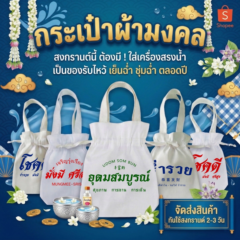 ถุงผ้ากระเป๋าผ้ามหาเฮง ของขวัญ ของชำร่วย หูหิ้วพร้อมหูรูด ขนาด 8x10นิ้ว ขยายก้น 2 นิ้ว