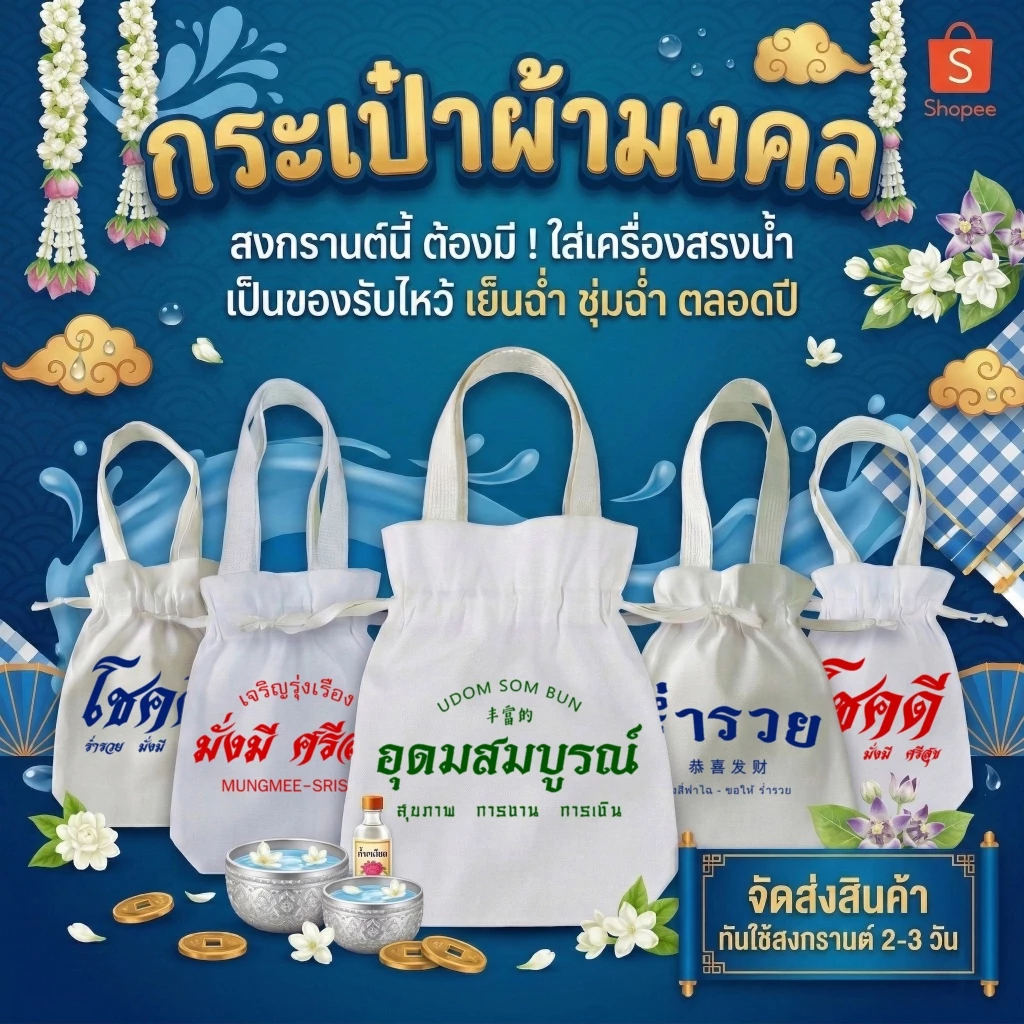 ถุงผ้ามหาเฮง หูหิ้วพร้อมหูรูด ขนาด 8x10 นิ้ว ขยายก้น 2 นิ้ว