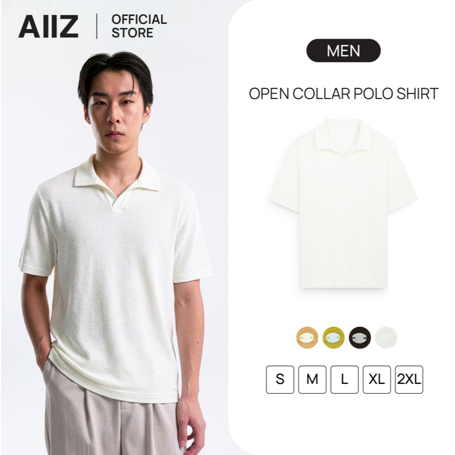 AIIZ (เอ ทู แซด) - AIIZ เสื้อโปโลผู้ชายคอวีผ้ายืด AIIZ Men's Open Collar Polo Shirt