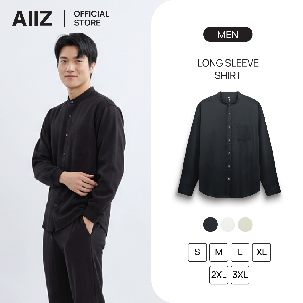 AIIZ เสื้อเชิ้ตผู้ชายแขนยาวคอจีนผ้าป๊อปลิน