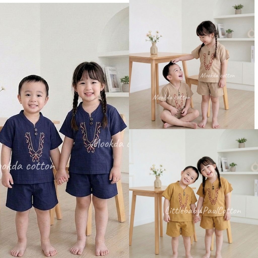 ชุดผ้าฝ้ายพื้นเมืองเด็ก ผู้หญิงใส่ได้ ผู้หญิงใส่ได้ รุ่นปักสร้อยเเขนสั้น